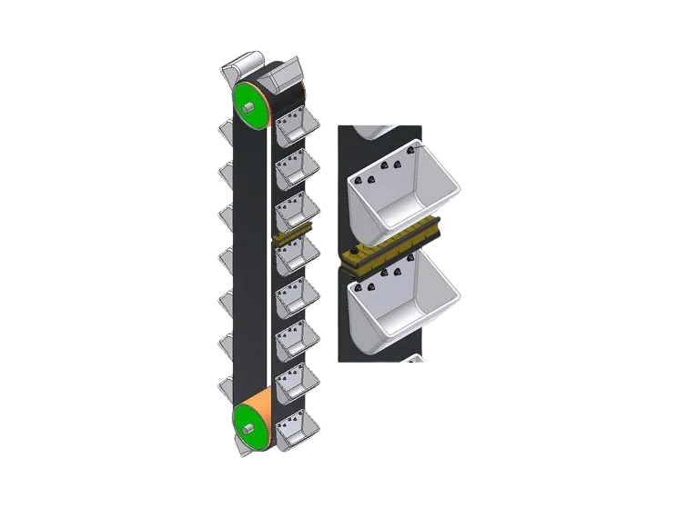 Belt bucket elevator — belt, buckets and pulleys