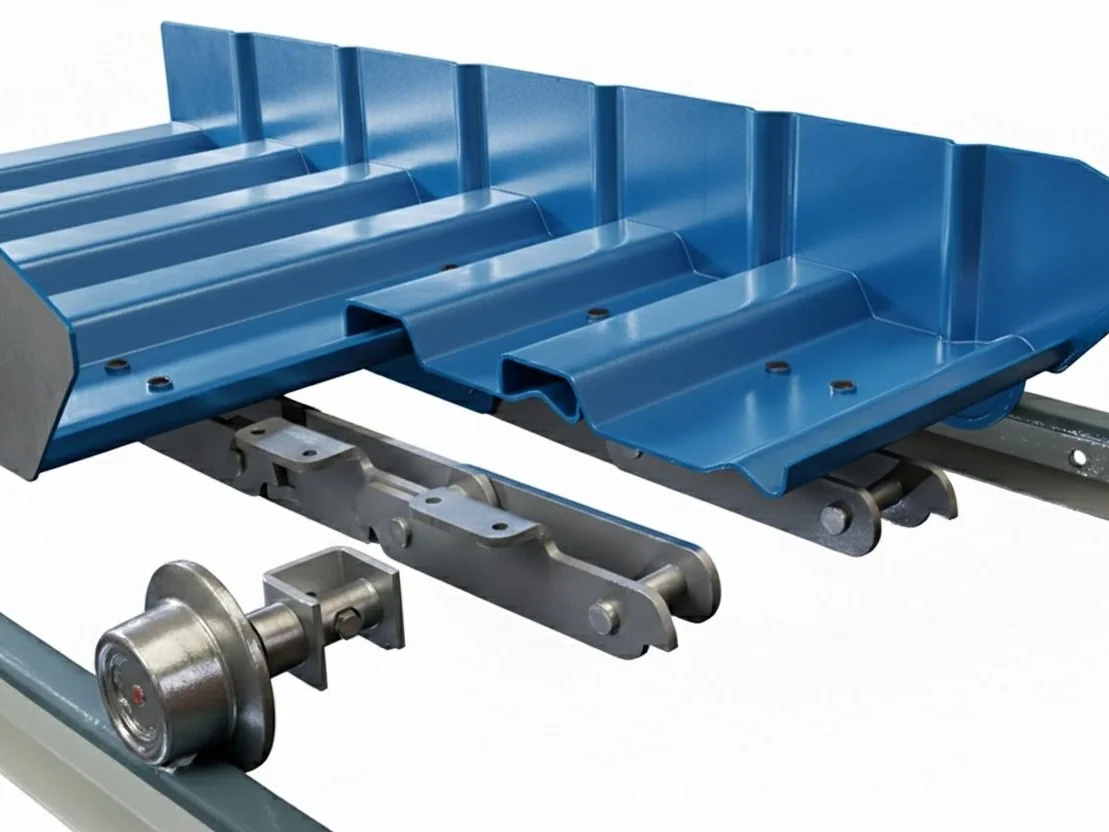 Deep pan conveyor — pans, chain and rollers