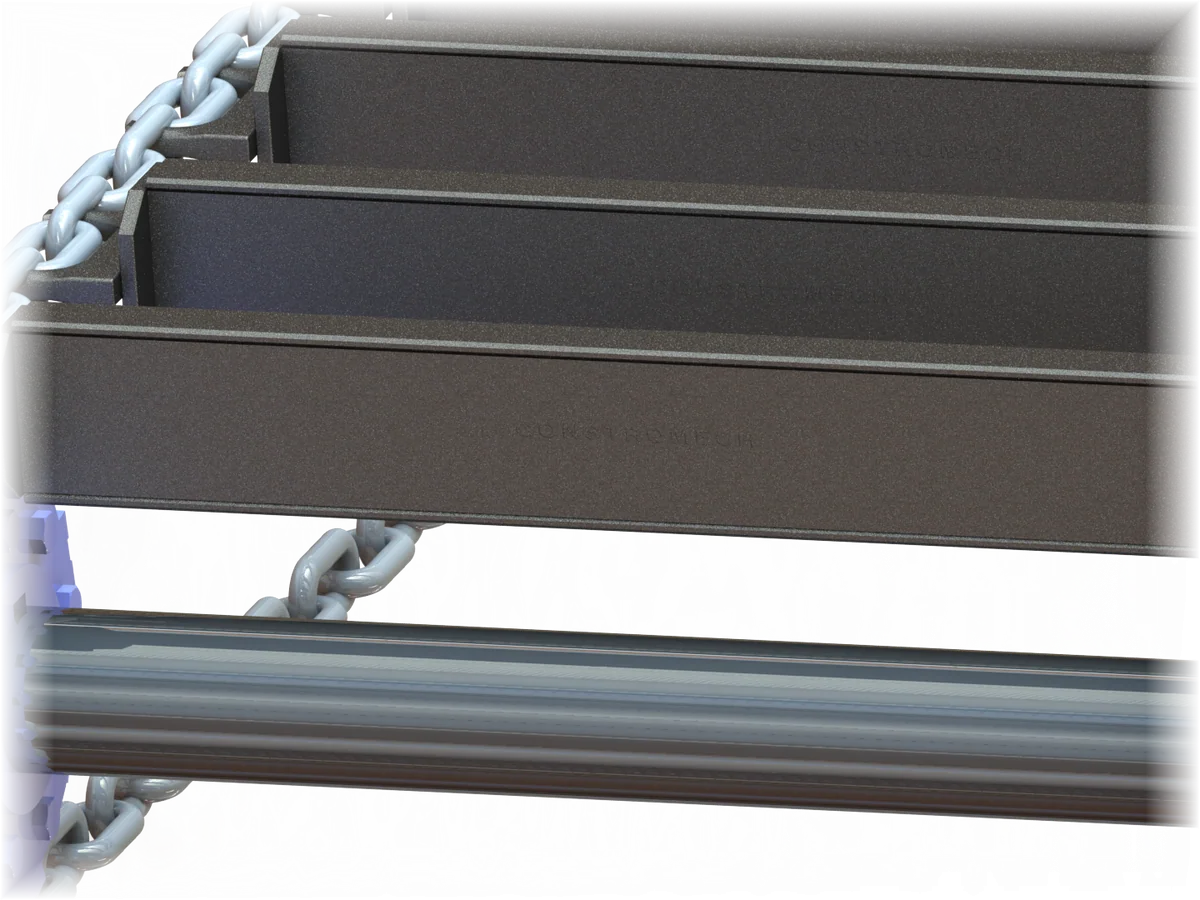 Round link chain scraper conveyor with sprockets and scraper bars