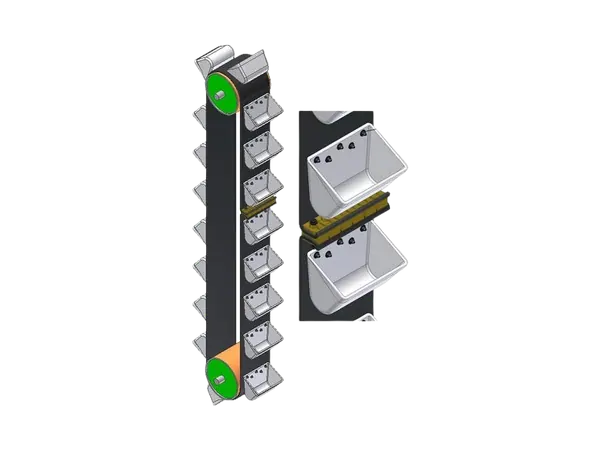 Belt bucket elevator — belt, buckets and pulleys