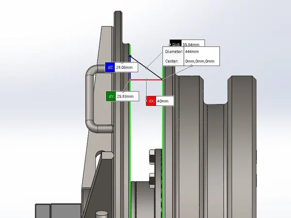 CAD model of a wheel assembly with measured clearances