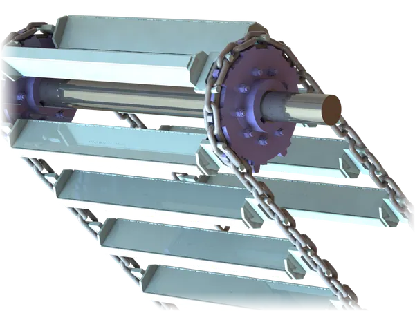 Scraper conveyor sprocket and chain, perspective
